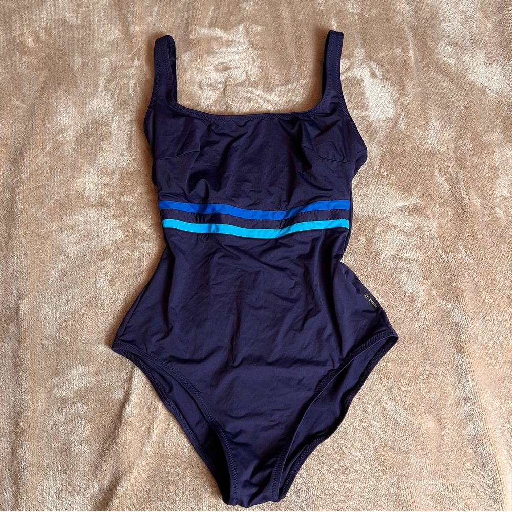 ANITA NWOT 'Svea' Square Neck Navy Blue Striped One Piece Swimsuit - Size 34C